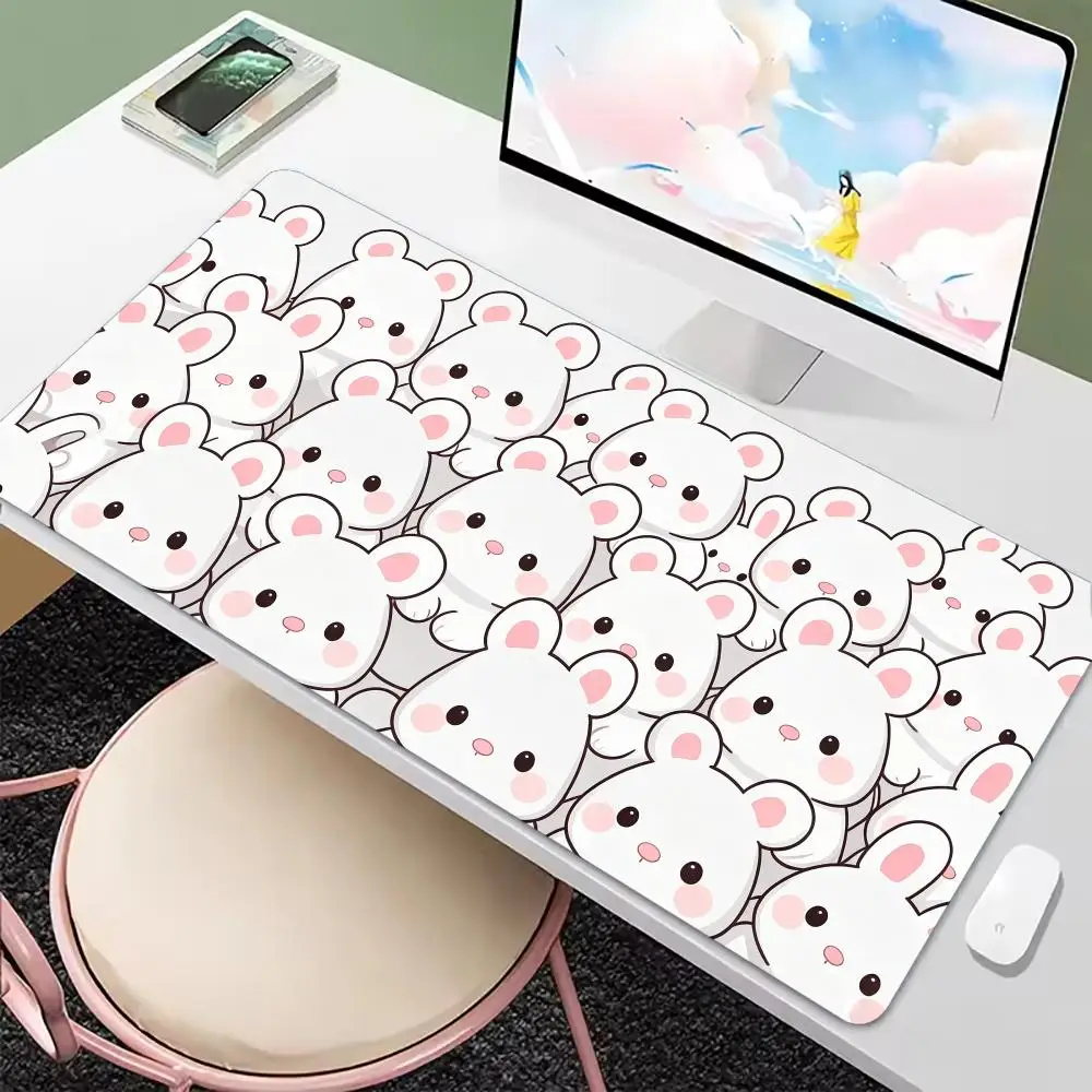 Desk Mat Cute Cartoon Bunny Pig Print Stitched Edge Anti‑Slip Rubber Mouse Pad for Gaming Working Home Laptop Computer