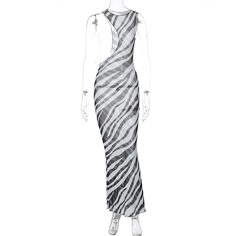 Zebra druck lange Strand kleid Vertuschungen sexy transparente Mesh Maxi kleid gestreift aus geschnitten Bodycon Urlaub Sommerkleid Frauen