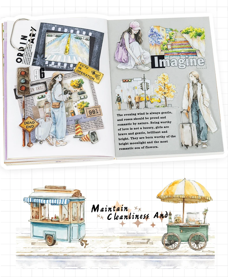 Journal GO Reise-Themen-Aufkleberbuch, 50 Stück Aquarell-Landschafts- und Personen-PET-Aufkleber für Planer, Karten, Tagebücher und Scrapbooks – Detail 9
