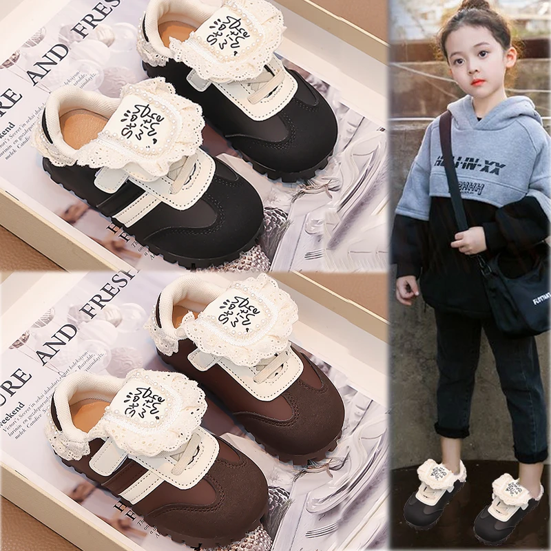 

Детская повседневная обувь для девочек, весенне-осенняя новая модная элегантная кружевная нескользящая повседневная шикарная спортивная обувь с мягкой подошвой