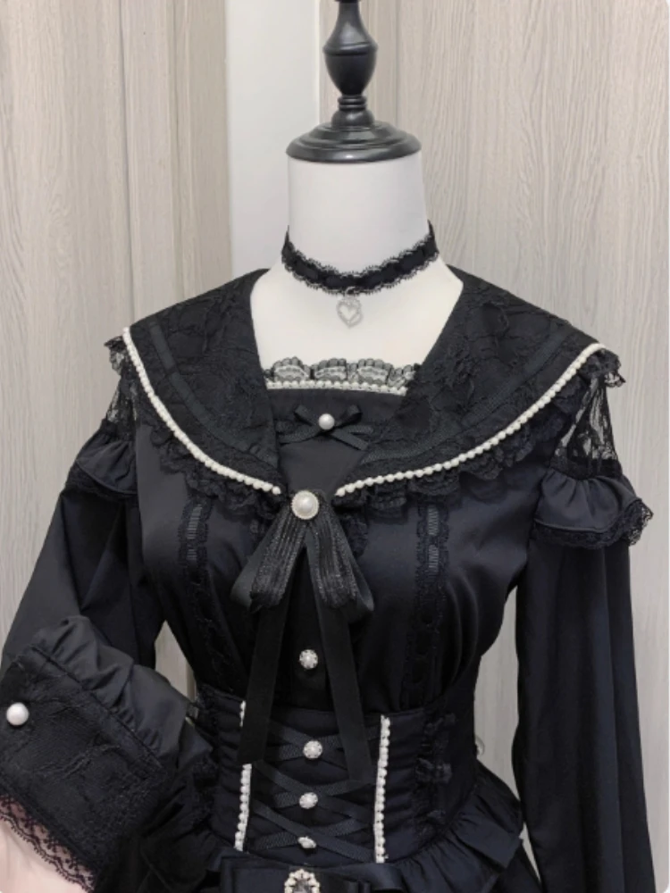 Harajuku Lace Trim Sailor Blouse Women's Long Sleeve Button Up Shirt Sailor Collar– Cute Bow Detail Y2K E-girl Top – Free Choker