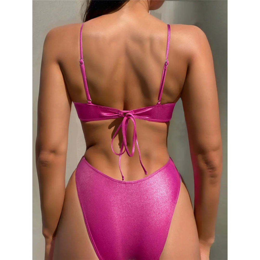 Glitzernder, glänzender, geraffter Bikini mit Trägern, Damen-Badebekleidung, zweiteiliger Bikini-Set, Badeanzug, Badebekleidung, Schwimmbekleidung V5781 – Detail 8