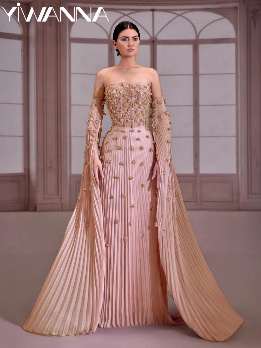 

Pleated Beaded Chiffon Evening Dress Elegant Detachable Sleeve Mother Of The Bride Dresses For Wedding Customized Banquet Gown