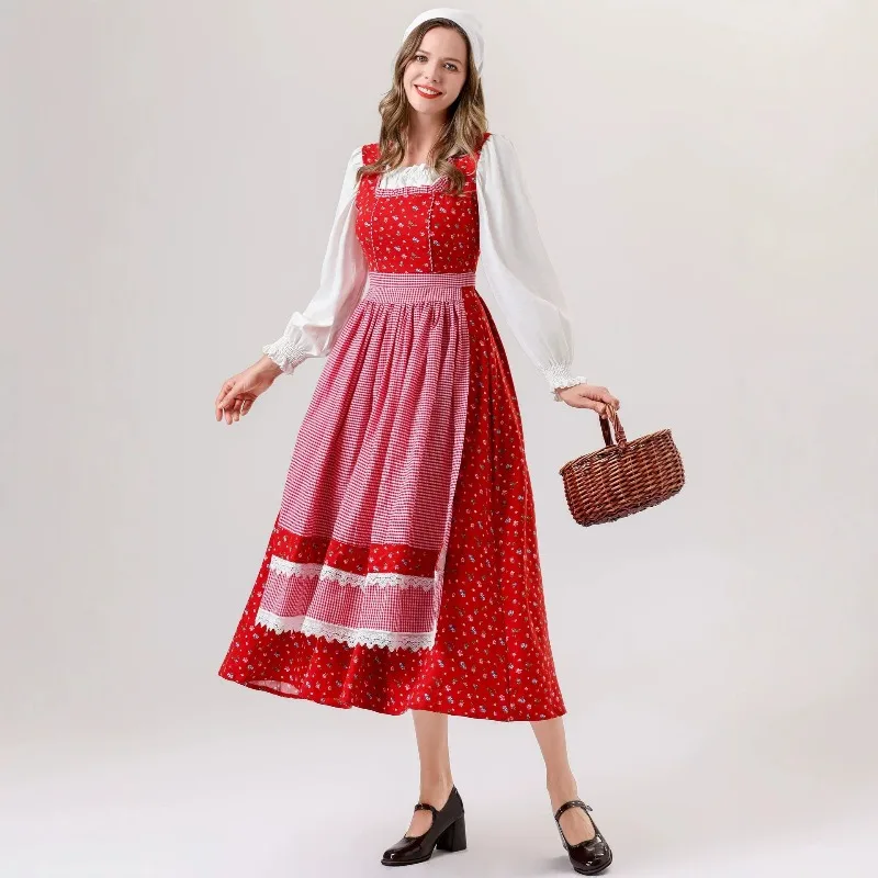 New Cosplay Farm Maid  Printing Dress with Hood Suits Costume for Women Fairy Tale Halloween Theme Party Role Playing Outfits - view 4