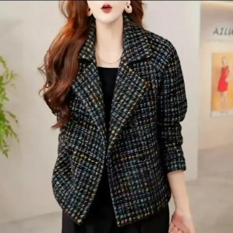 High-end Small Fragrant Style Woolen Plaid Blazer Coat Women Spring Autumn Casual Tweed Suit Jacket Office Lady Short Outwear