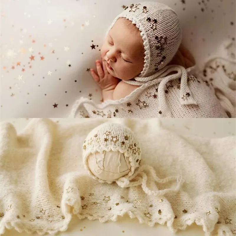 Newborn Photography Props Blingbling Stars Starry Soft Knitted Wraps Hats 2pcs Set Studio Photoshoot Photo Prop Shower Gift