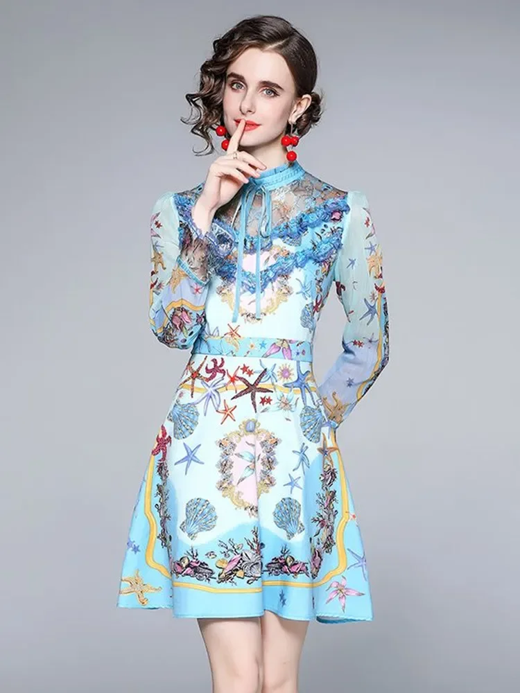 

2023 Runway Spring Autumn Blue Mini Dress Women Edible Tree Fungus Long Flare Sleeve Starfish Print Short Party Vestidos