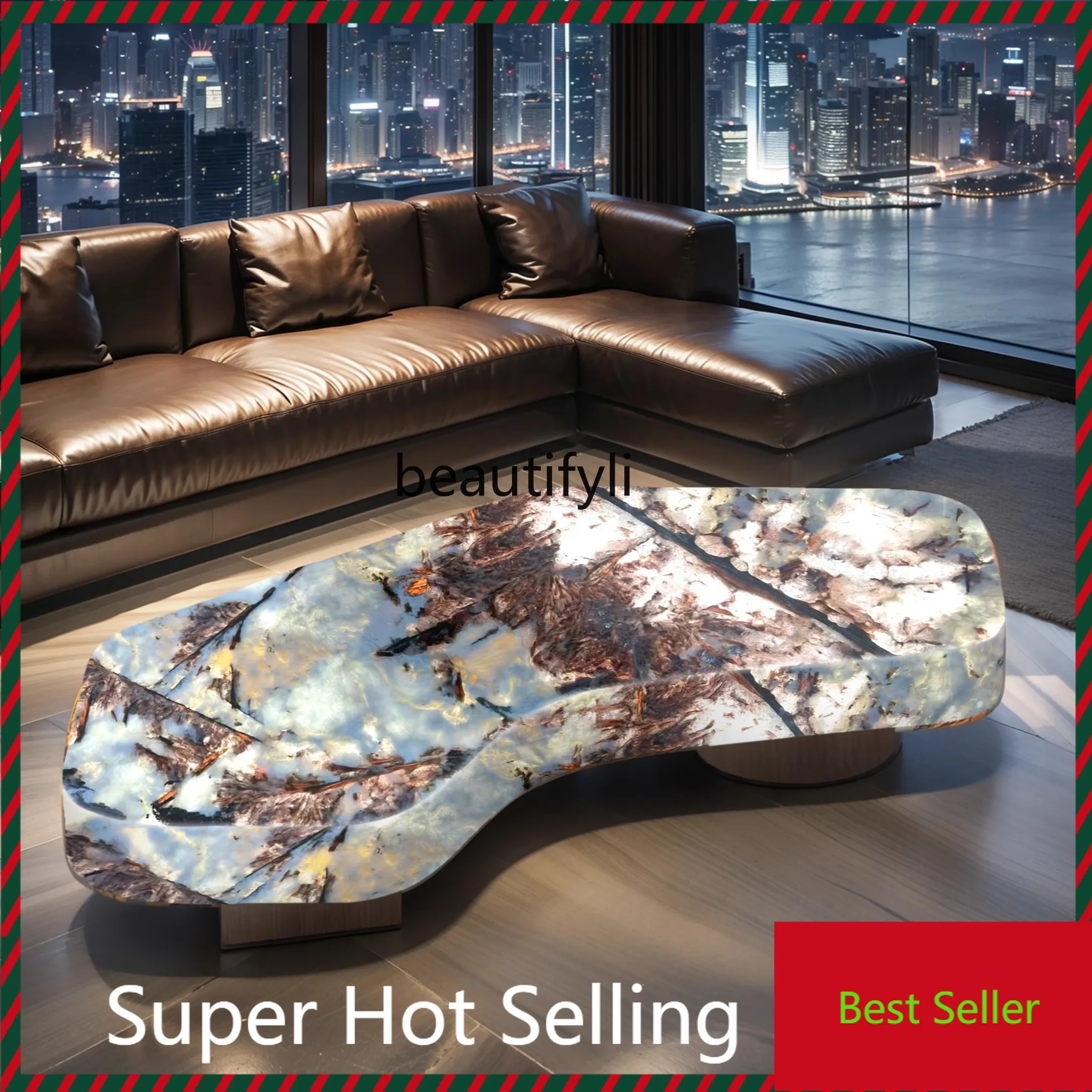 B132 Living room coffee table luminous jade luxury stone white ice jade meniscus light luxury advanced large flat layer