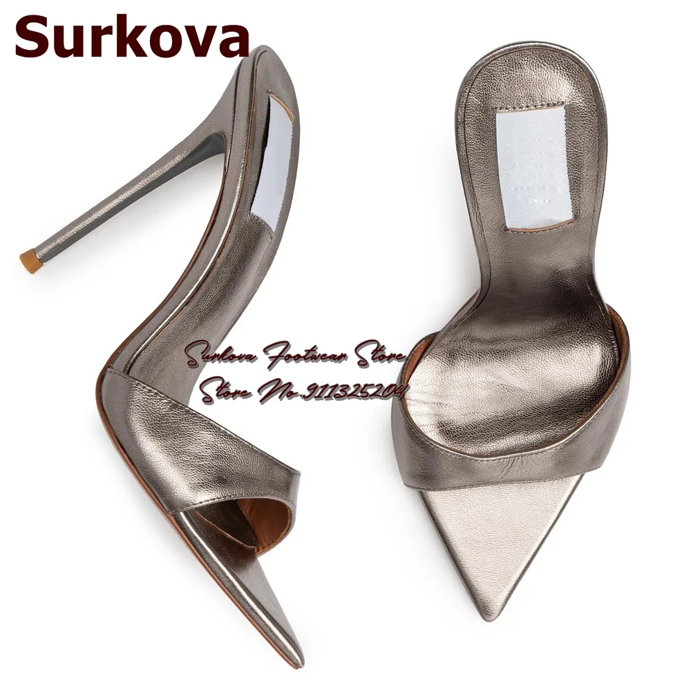 

Surkova Gun Color Metallic Grey Matte Leather Modern Slippers Thin Heel Pointed Toe Slip-On Sandals Elegant Dress Shoes Mules