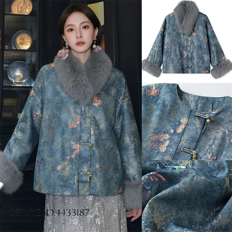 New Chinese Style Women's Jacket Tang Costumen Tops Plush Collar Cuffs Female Qipao Coat Embroidery Jacquard New Year's Clothing