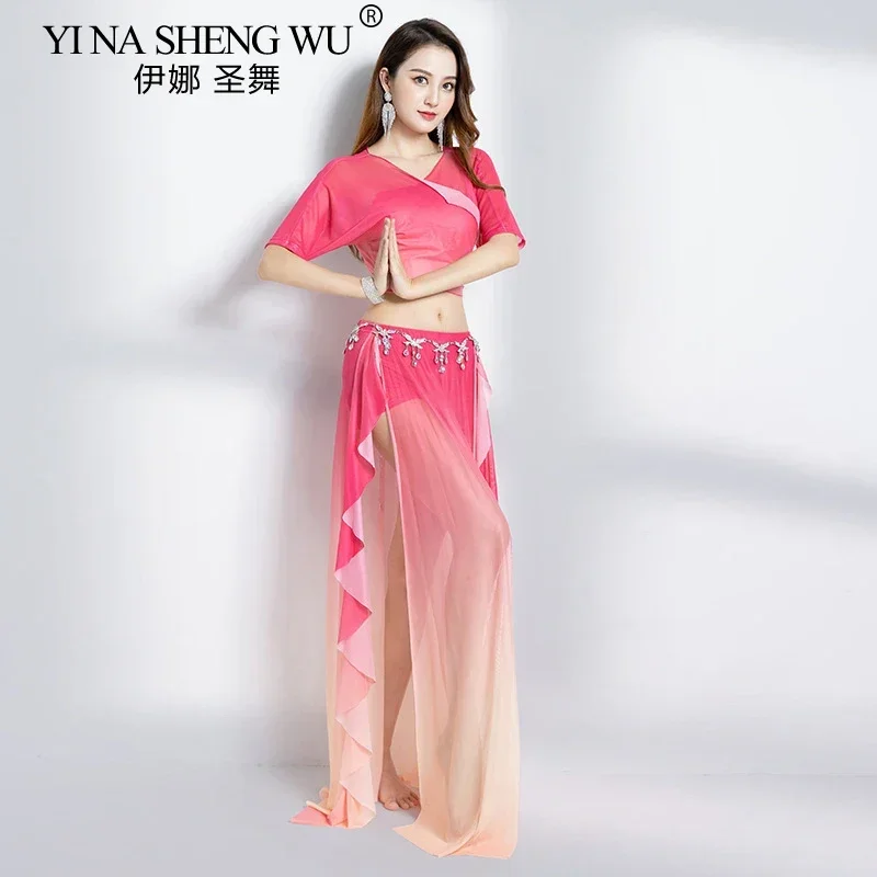 ชุดการแสดงระบำหน้าท้องแบบอียิปต์สำหรับผู้หญิง ชุดเต้นรำสำหรับผู้ใหญ่ กระโปรงแยกสีไล่ระดับ ชุดฝึกซ้อมเต้น