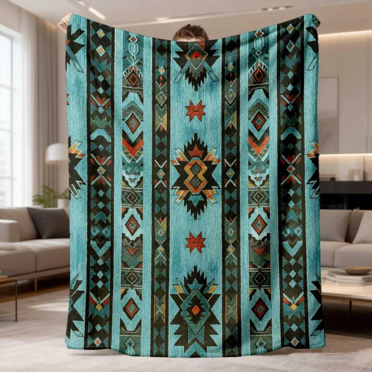 1pc Feelyou Southwestern Style Blanket - Double Size 60X80Inch Bohemian Local American Bedspread, Fleece-Lined Flannel Throw Blanket, Suitable for Beds, Sofas, And Couches, All-Season Comfortable Bedding, Southwestern Style