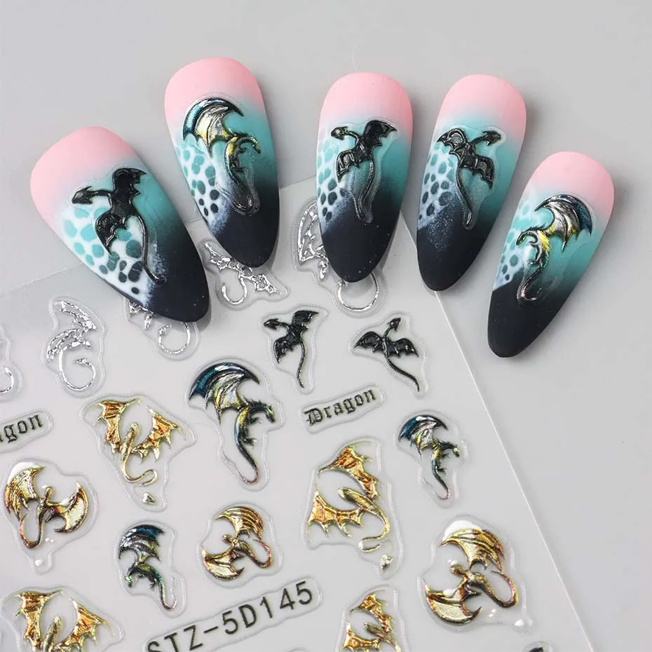 1/2 Stück 5D geprägte metallische bunte Drachen-Nagelaufkleber Schneeflocken selbstklebende DIY-Nagelaufkleber Sliders Maniküre-Dekorationen – Detail 6