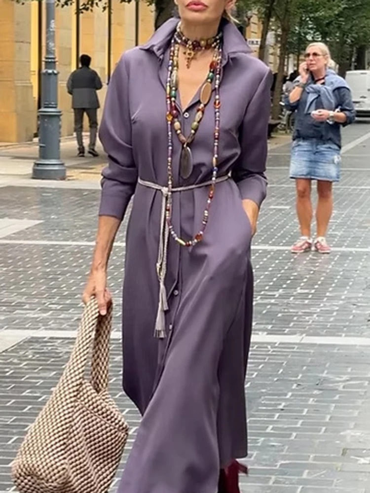 Vestido camisero de manga larga con solapa de temperamento, vestido largo elegante de satén con bolsillo para mujer, vestido informal de un solo pecho de Color sólido para ir al trabajo