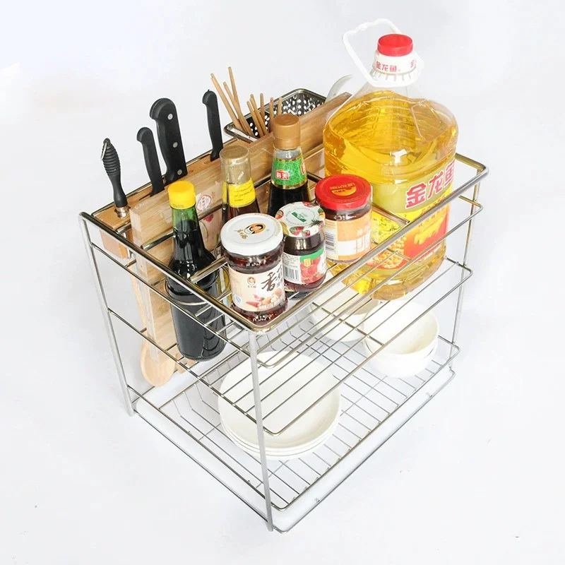 -oo Kitchen Cabinet Pull-Out Spice Rack with Knife Holder 2-Tier Pull Out Seasoning Storage Basket Drawer Organizer