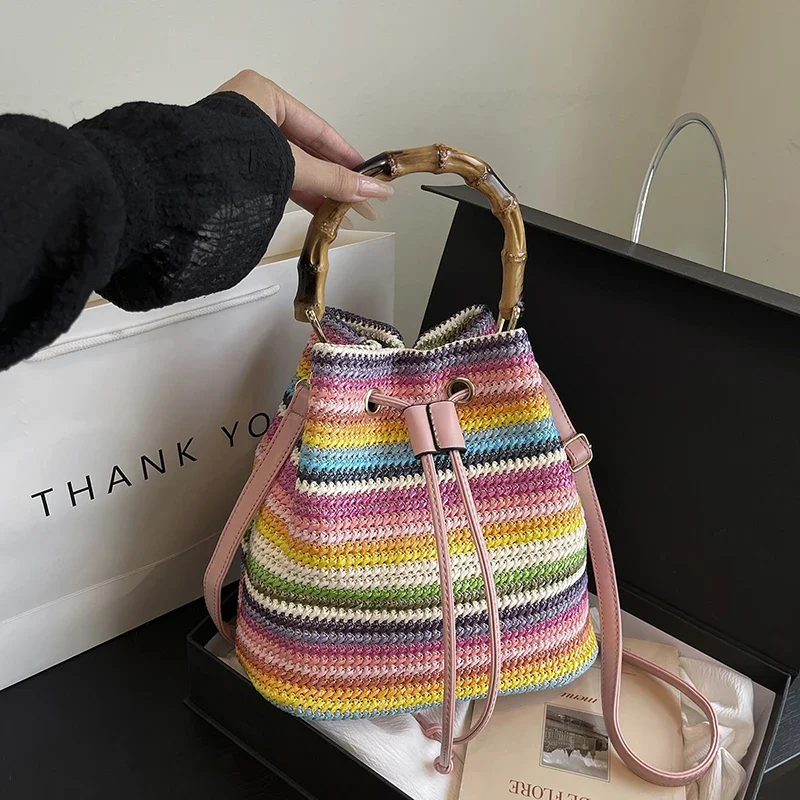 

Boho Colorful Strip Woven Crochet Handbag Summer Beach Bag Women Vintage Bamboo Handle Bucket Tote Large Capacity Messenger Bag