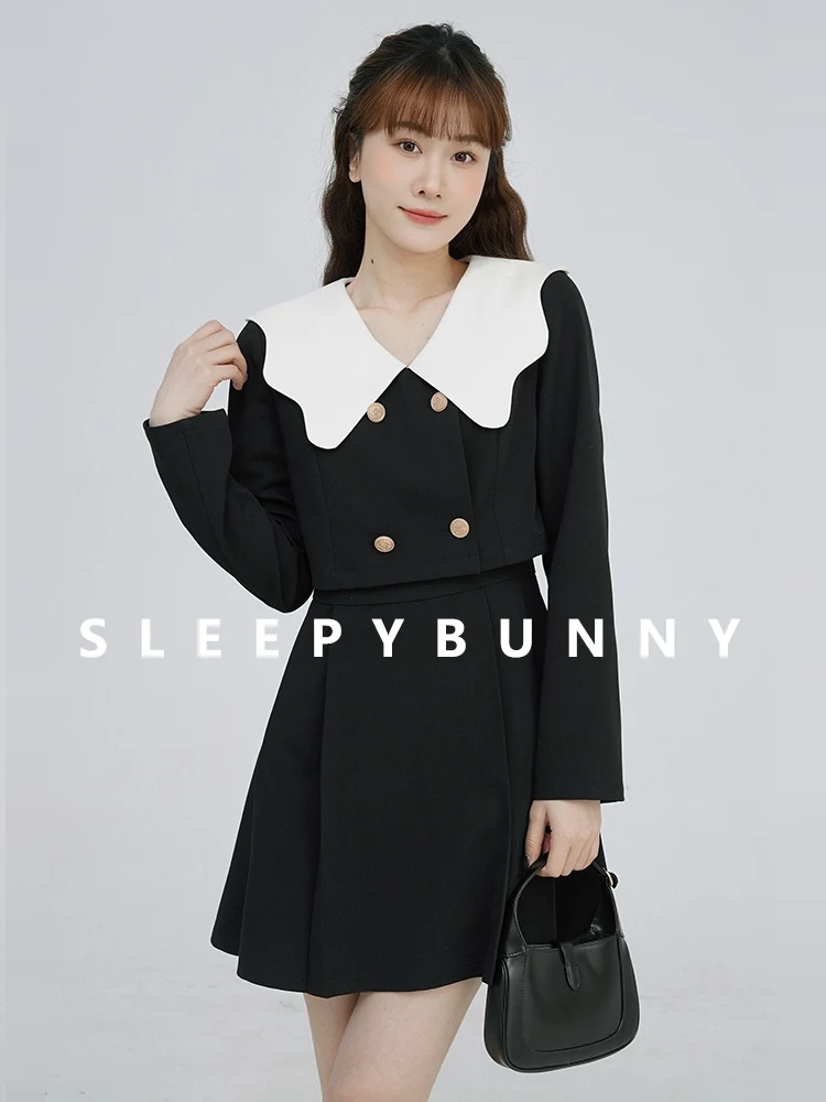 

French Style Black Pleated Midi Dress Women Fake Two Piece Long Sleeve Dress Contrast Collar Slim Fit High Waist A-Line Outfit