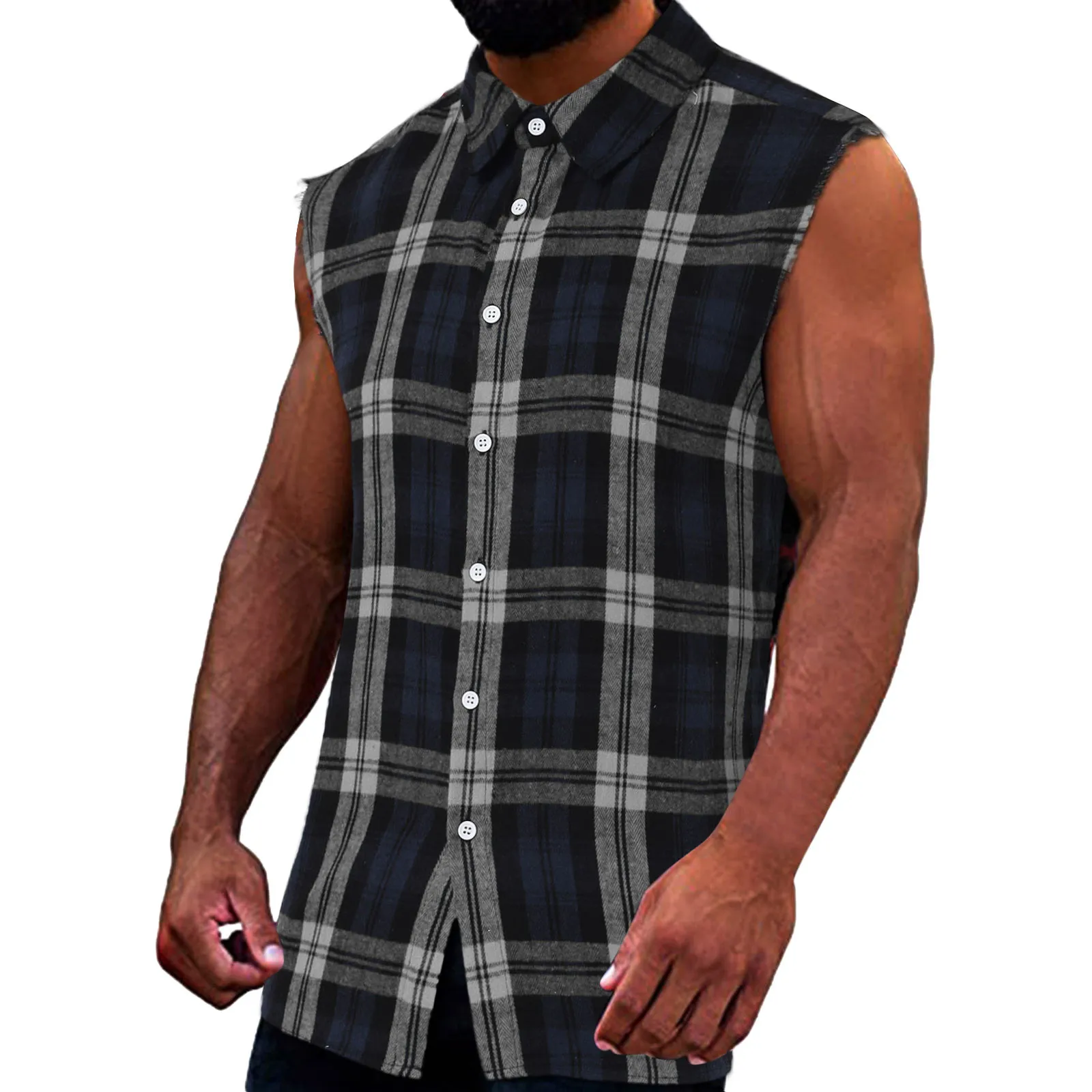 Mens Summer Vest Sleeveless Plaid Shirts Turn Down Collar Oversized Tops Vintage Streetwear Clothing Sports Loose Shirt Vests