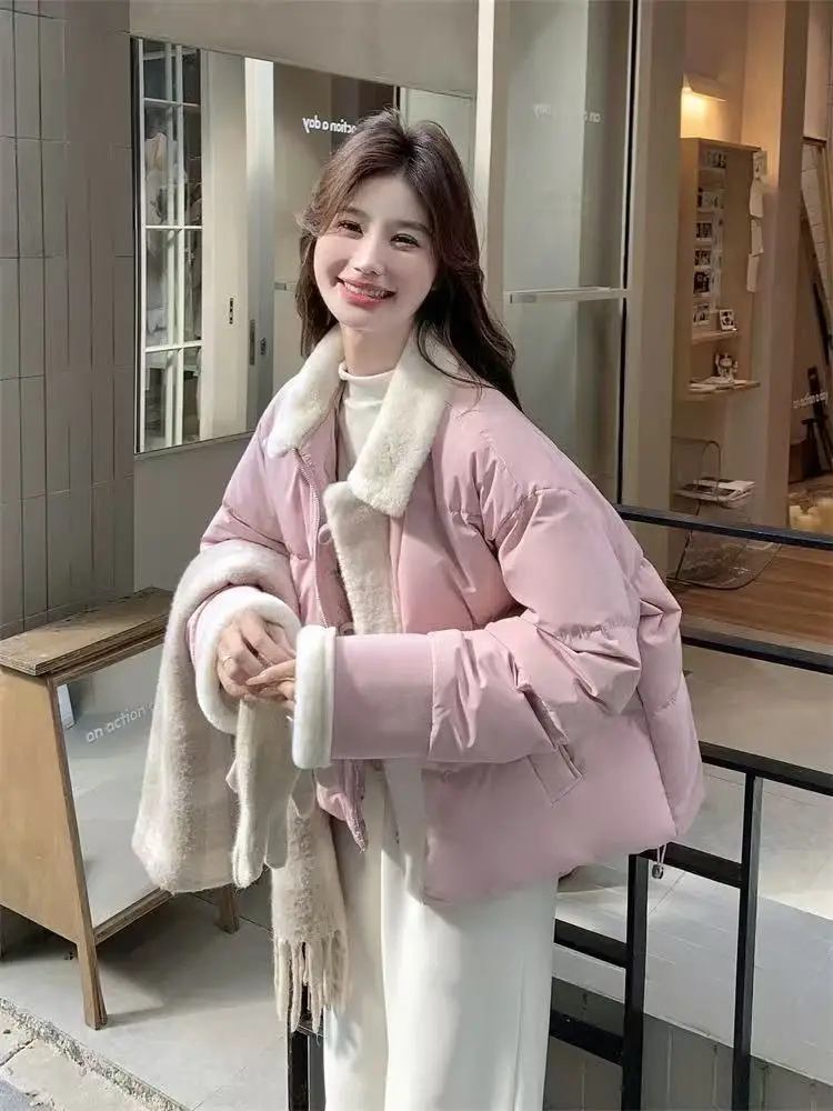 Short Women Parkas Coat Shearling Jacket Solid Pocket Turn Down Collar Single Breasted Loose Fit Thick Casual 2025 Autumn Winter