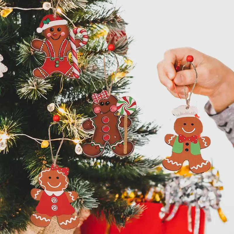 4pcs Christmas Gingerbread Man Wooden Pendant Christmas Tree Hanging Oranment Navidad New Year 2024 Gift Xmas Decorations