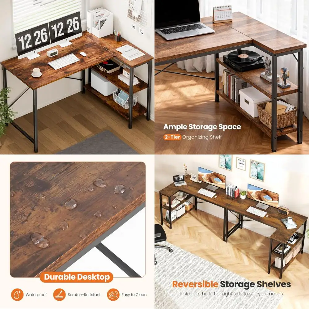 

47 Rustic Brown L-Shaped Desk with Reversible Storage for Home Office, Gaming, and Study