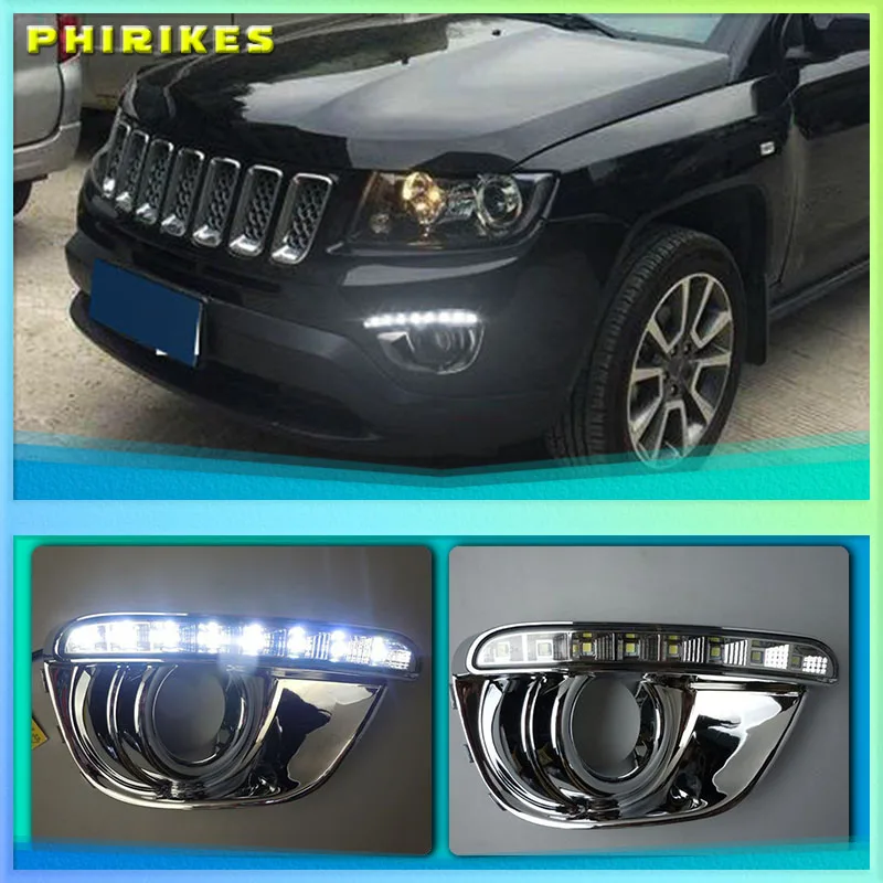 2PCS Daytime running light For Jeep Compass 2013 2014 dynamic yellow turn Signal Light style Relay 12V LED car DRL fog lamp