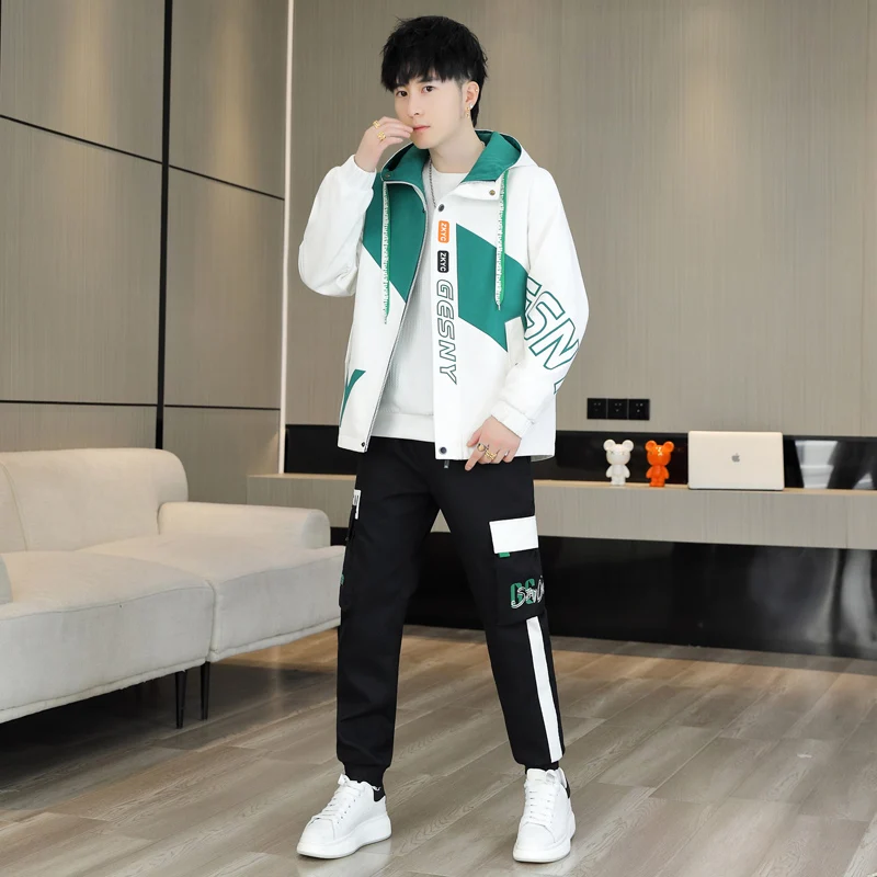 

New 2023 Men's Spring Jacket Set with Hood Stylish Casual Sportswear Polyester Long Sleeve Sweatshirt And Long Pants