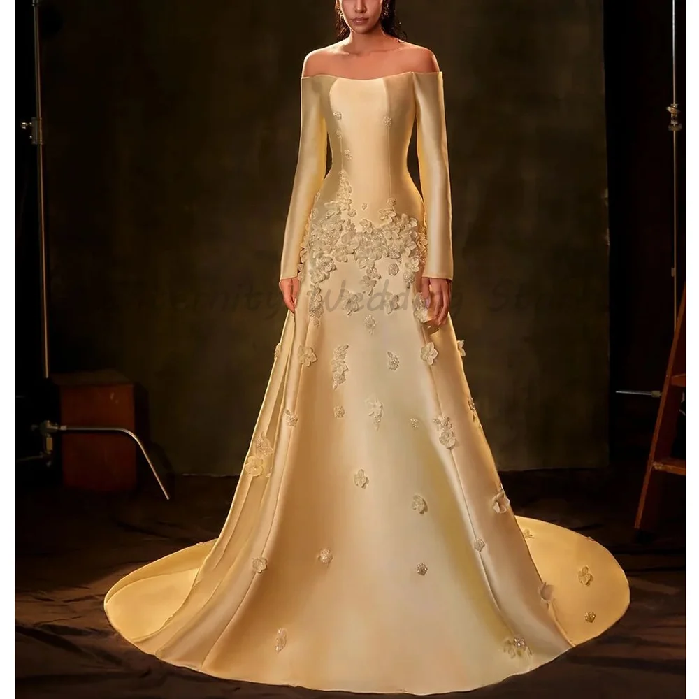 

Champagne Off The Shoulder Long Sleeve 3D Floral Beaded Embroidery Matte Satin A-Line Wedding Bridal Gown With Train