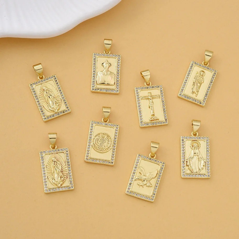 

4 Pcs Virgin Mary Cross Rectangular Pendant for DIY Necklace Jewelry Making Copper Plated Gold Inlay Zircon Charm Accessories