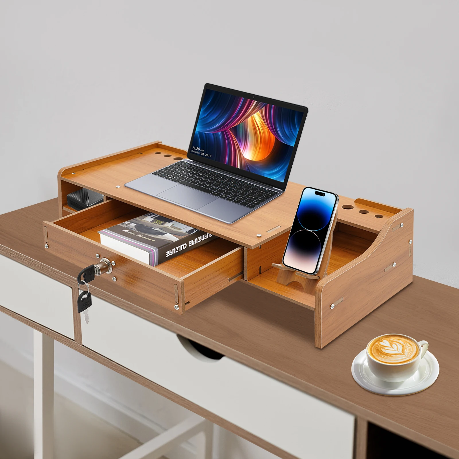 Computermonitorstandaard Computerrek met telefoonhouder Tafelblad Monitorstandaard Desktop Organizer Hout voor huizen, kantoren