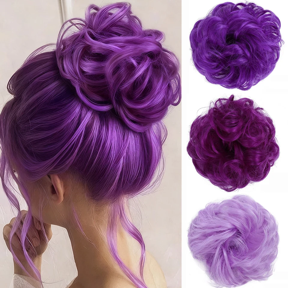 

Синтетические волосы, женские натуральные вьющиеся беспорядочные булочки, шиньоны для наращивания волос, фиолетовый, темно-фиолетовый, светло-фиолетовый с резинкой