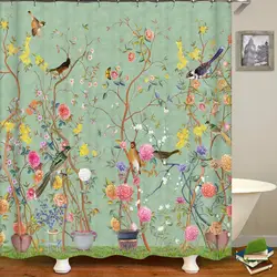 Cortinas de ducha de árbol de flores y pájaros de estilo chino, cortina de baño impermeable, decoración de baño con ganchos, cortina de baño de impresión 3d