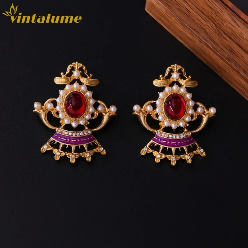 

Серьги-гвоздики Vintalume в винтажном стиле с кубическим цирконием, эмалью и жемчугом, в форме короны, для женщин, изящные массивные серьги-цветы, подарок