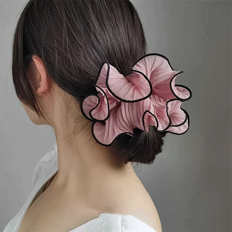 Elegant Tassel Design Fabric Hair Ties - Solid Color Chiffon Scrunchies, Pleated Hair Bands for Women'S Bun