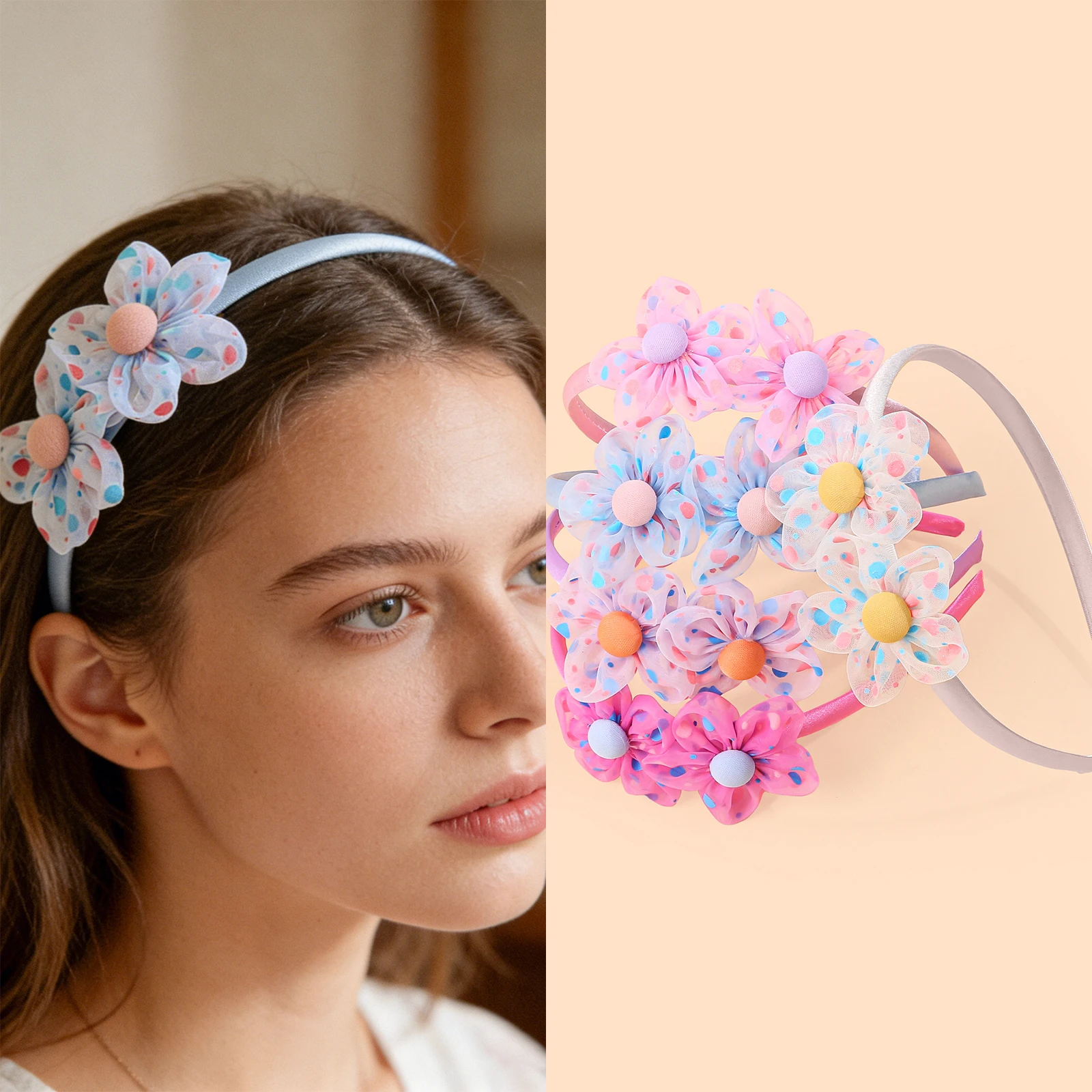 1/5 piece, sweet polka dot mesh flower headband with multi colored girl's heart hair accessory.