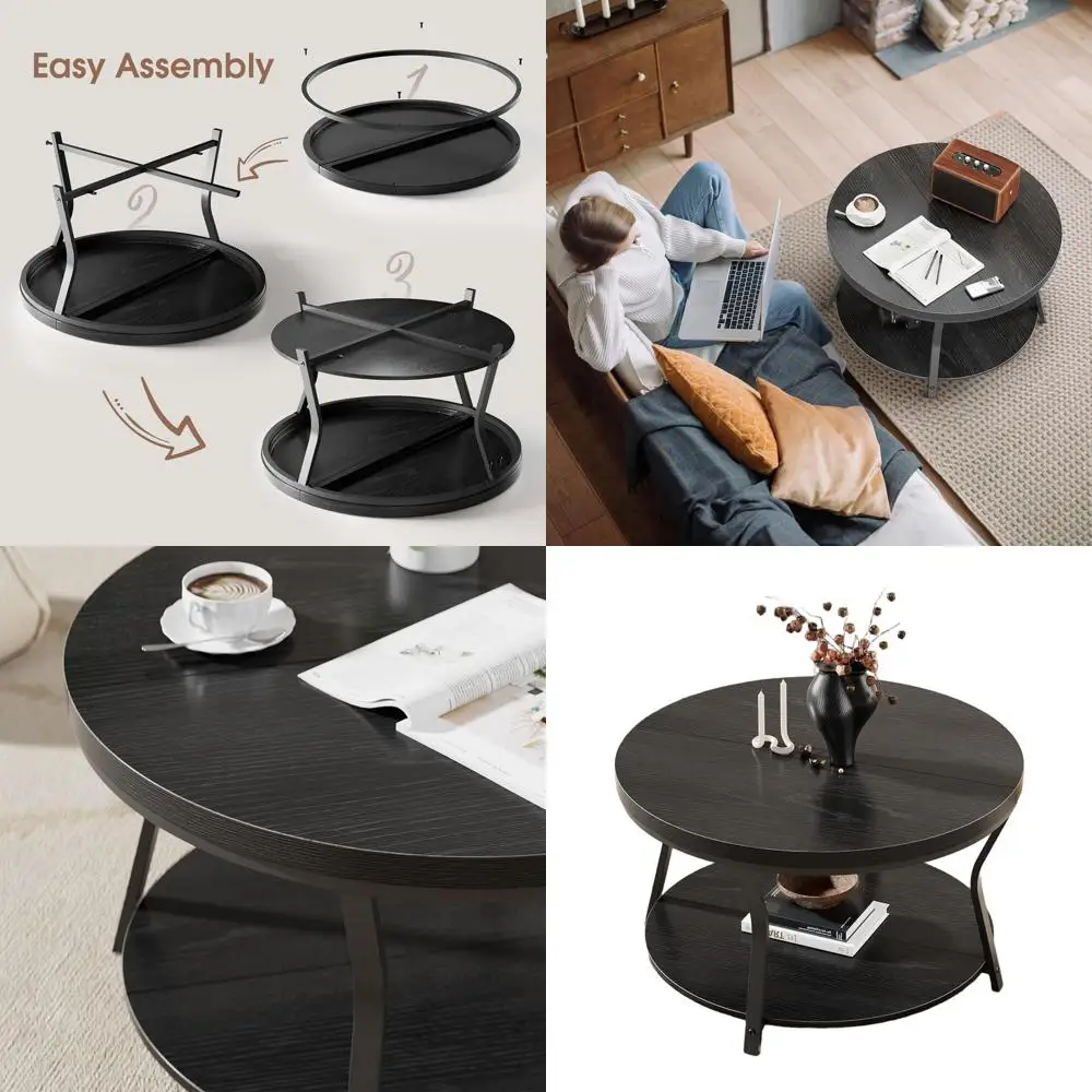 インダストリアルモダン2段ラウンドコーヒーテーブル、厚みのある木製トップ、メタルフレーム、31.5ブラック