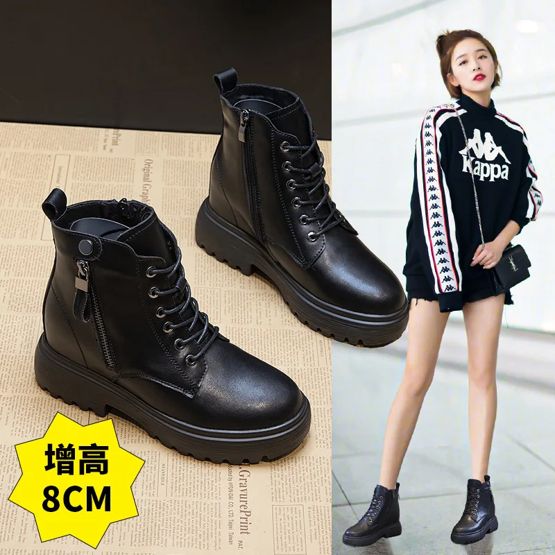 High rise leather short boots for women plush thick soles low cut British style boots in the autumn of 2023 new versatile