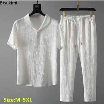 2025 Zomer Koreaanse Stijl Casual Sets voor Mannen Mode Streetwear mannen Comfort Effen Revers Tops + Broek Joggers Pak trainingspak