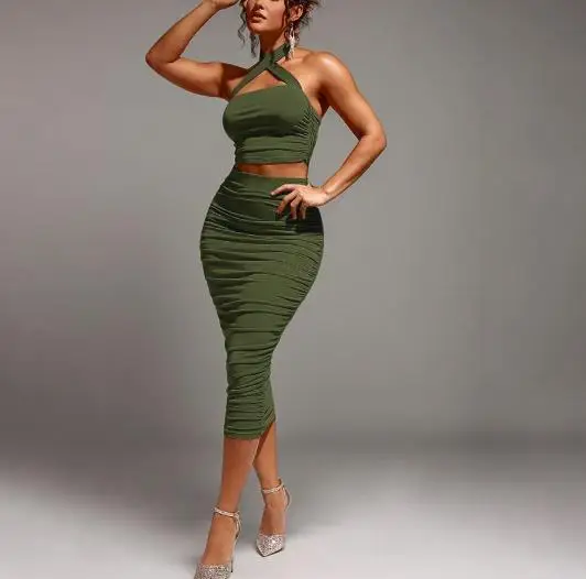 

Two Piece Set Women Outfit 2026 Spring New Solid Color Halter Sexy Backless Crop Top & High Waist Ruched Casual Midi Skirt Set