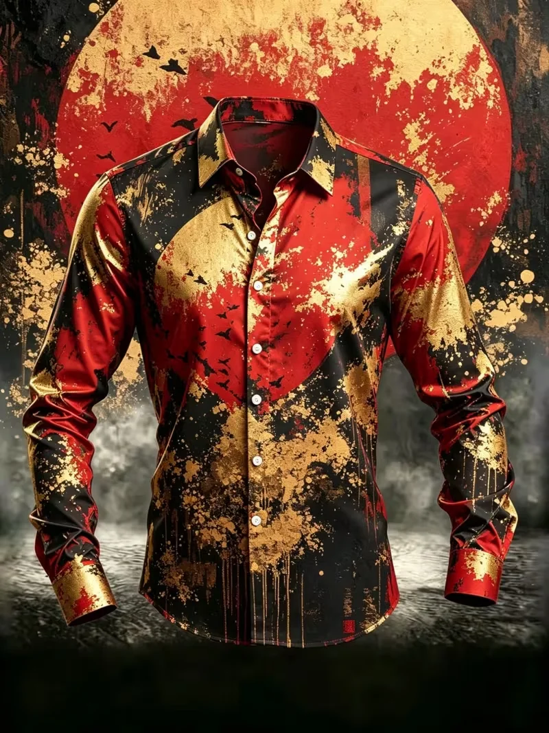 New men's Square heart-shaped Imitation Patchwork Contrasting Printed Long Sleeved Shirt With A Hanging Collar Top