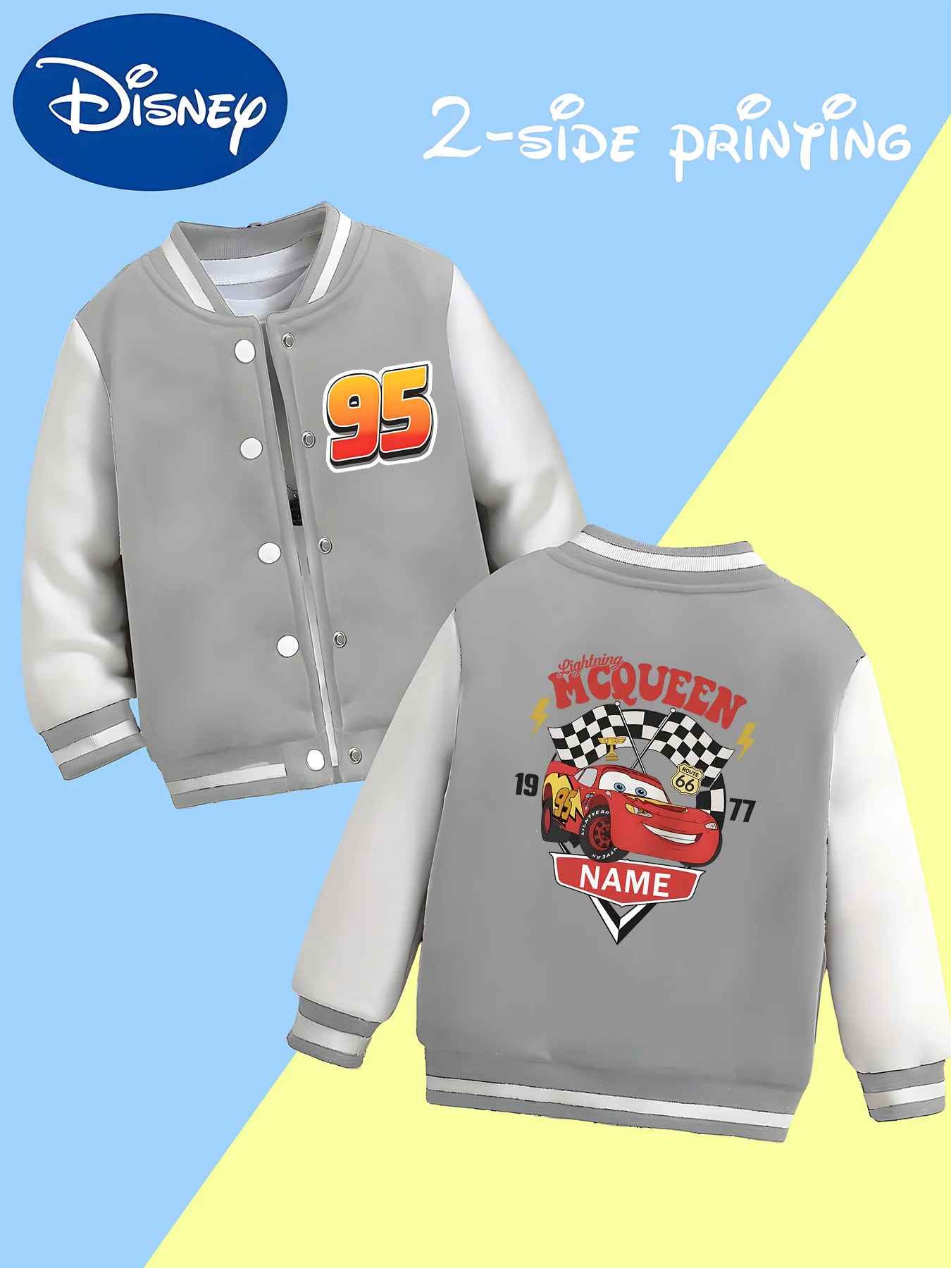 MINISO Disney Boys Baseball Jacket - Lightning McQueen Racing Badge, full of speed and passion, super dynamic for campus activit
