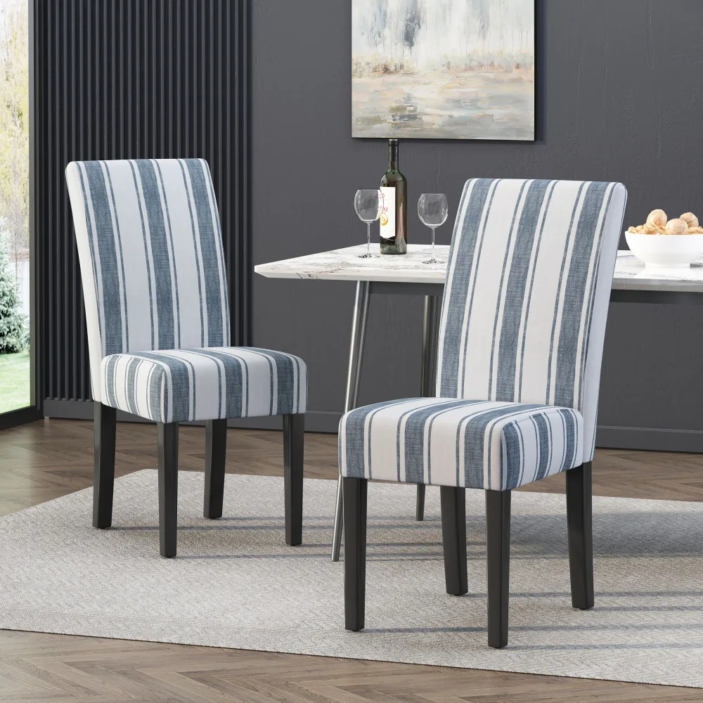 Christopher Knight Home Upholstered Striped Fabric Dining Chairs, Set of 2, Parsons Side Chairs with Wood Legs, Blue White Stripe
