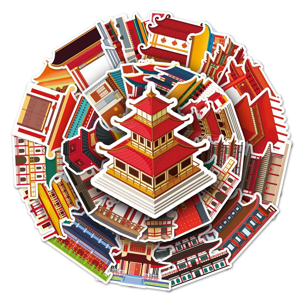 50pcs Chinese Ancient Architecture Stickers For Laptop Phone Stationery Scrapbooking Material DIY Vintage Sticker Craft Supplies