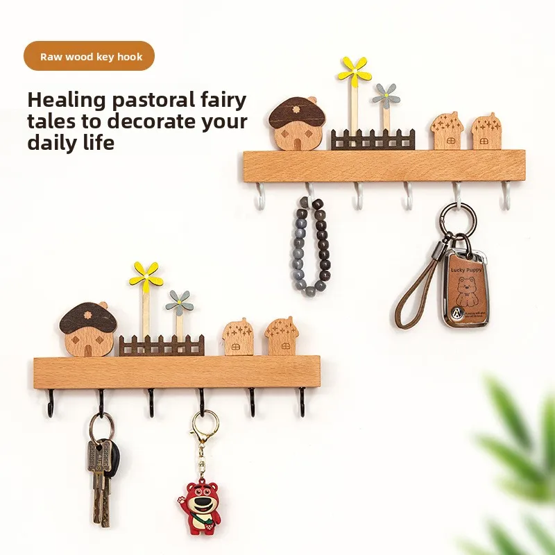Wall Mounted Wooden Key Hook Rack Three-Plus Hooks Nordic Style Entryway Organizer Keys Light Accessories Modern Simple Home