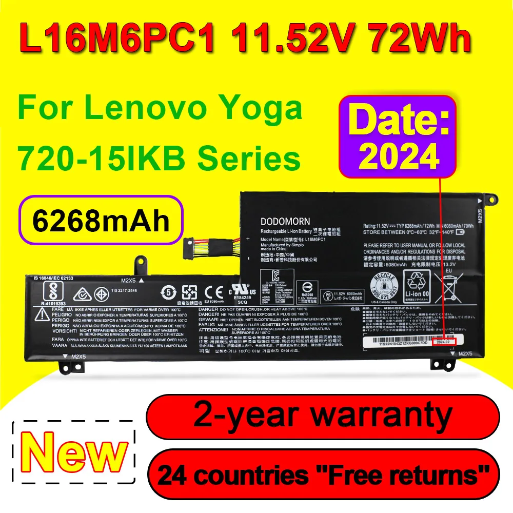 

For Lenovo Yoga 720-15IKB 80X7 Series Laptop Battery L16M6PC1 L16L6PC1 L16C6PC1 11.52V 72Wh 6268mAh With Tracking Number