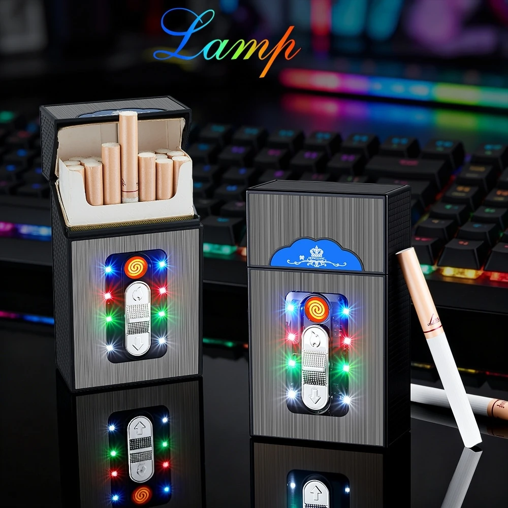 New USB Color Light Charging Cigarette Box Lighter 20 Pack Integrated Cigarette Box Windproof Tungsten Wire Ignition LED Light