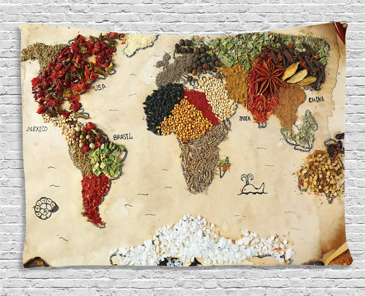 

World Map Tapestry Map of World Different Spices Design with Food Bohemian Style Artwork