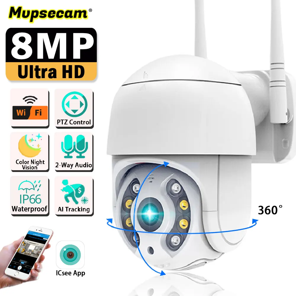 

4K HD WIFI Camera Color Night VIsion Remote Access PTZ Control Auto Tracking 8MP 360° Outdoor Wireless Surveillance IP Camera XM