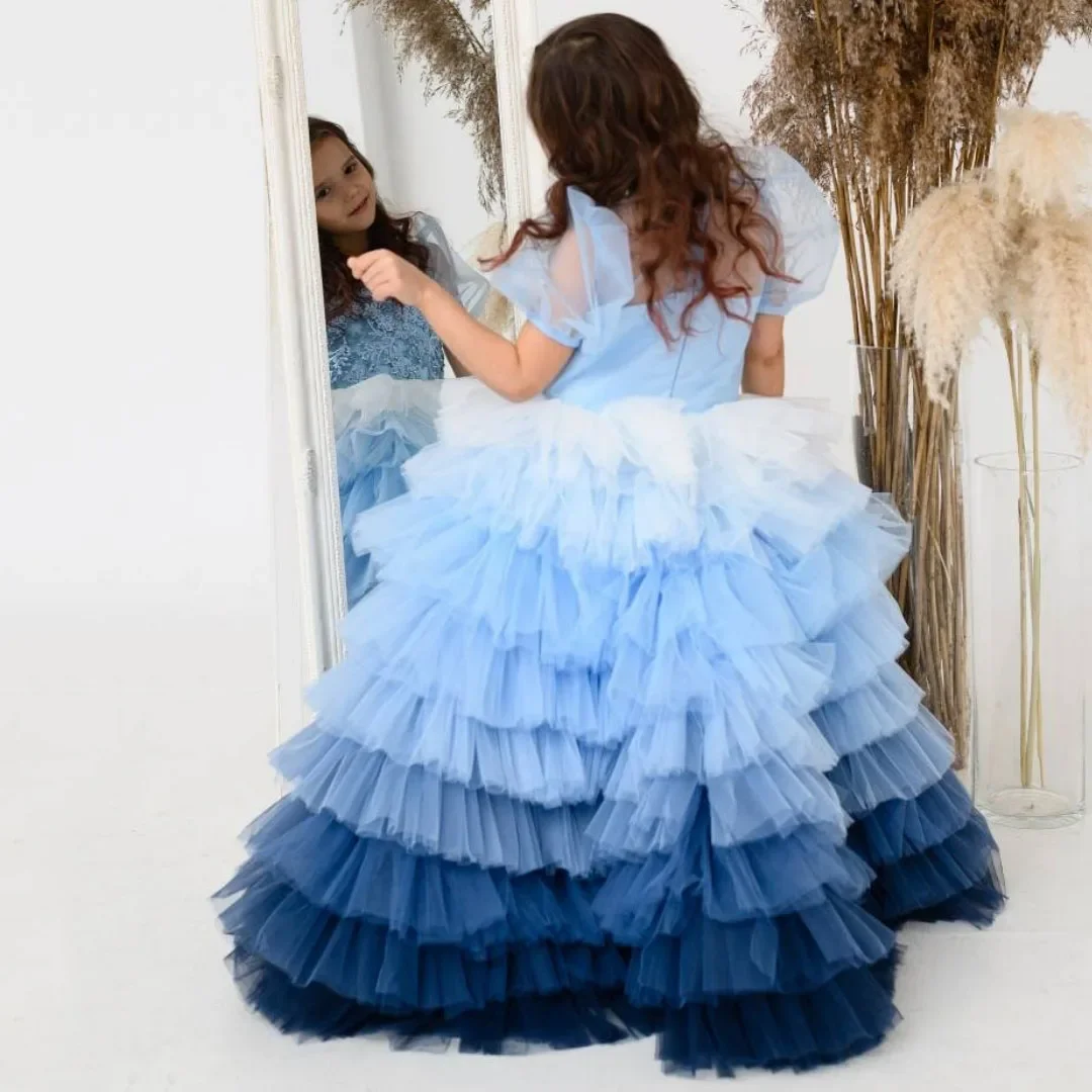 Custom JDY High Puff Sleeve Lace Gradient Layered Ruffle Tulle Flower Girl Dress Wedding Party Gown Birthday Pageant Dress فساتي