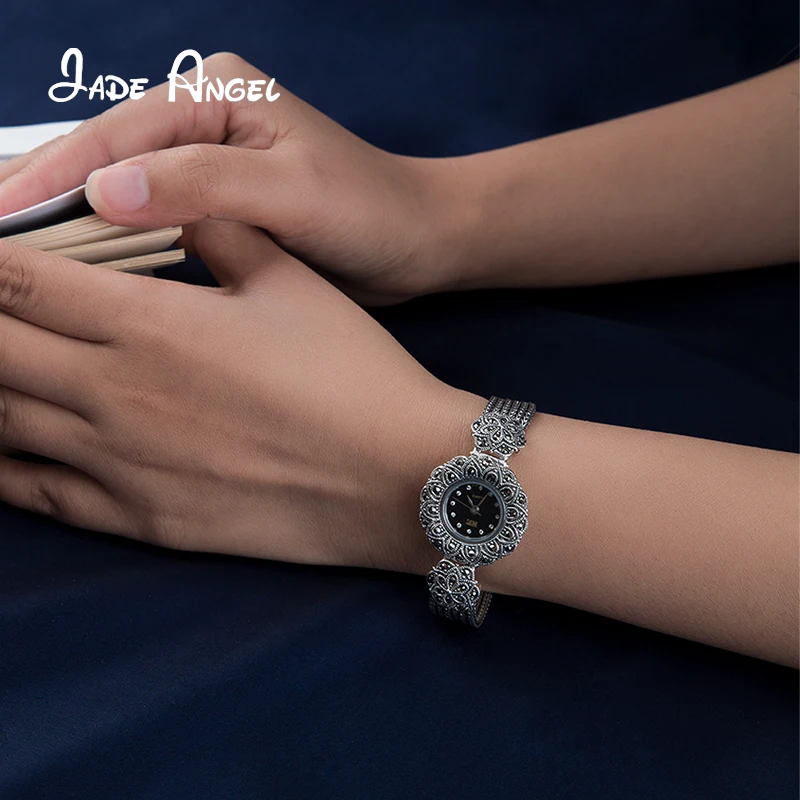 JADE ANGEL 925 Sterling Silver Sunflower Quartz Wristwatch Stylish Chic Ladies Marcasite Watch with Wheat Strand Fine Jewelry